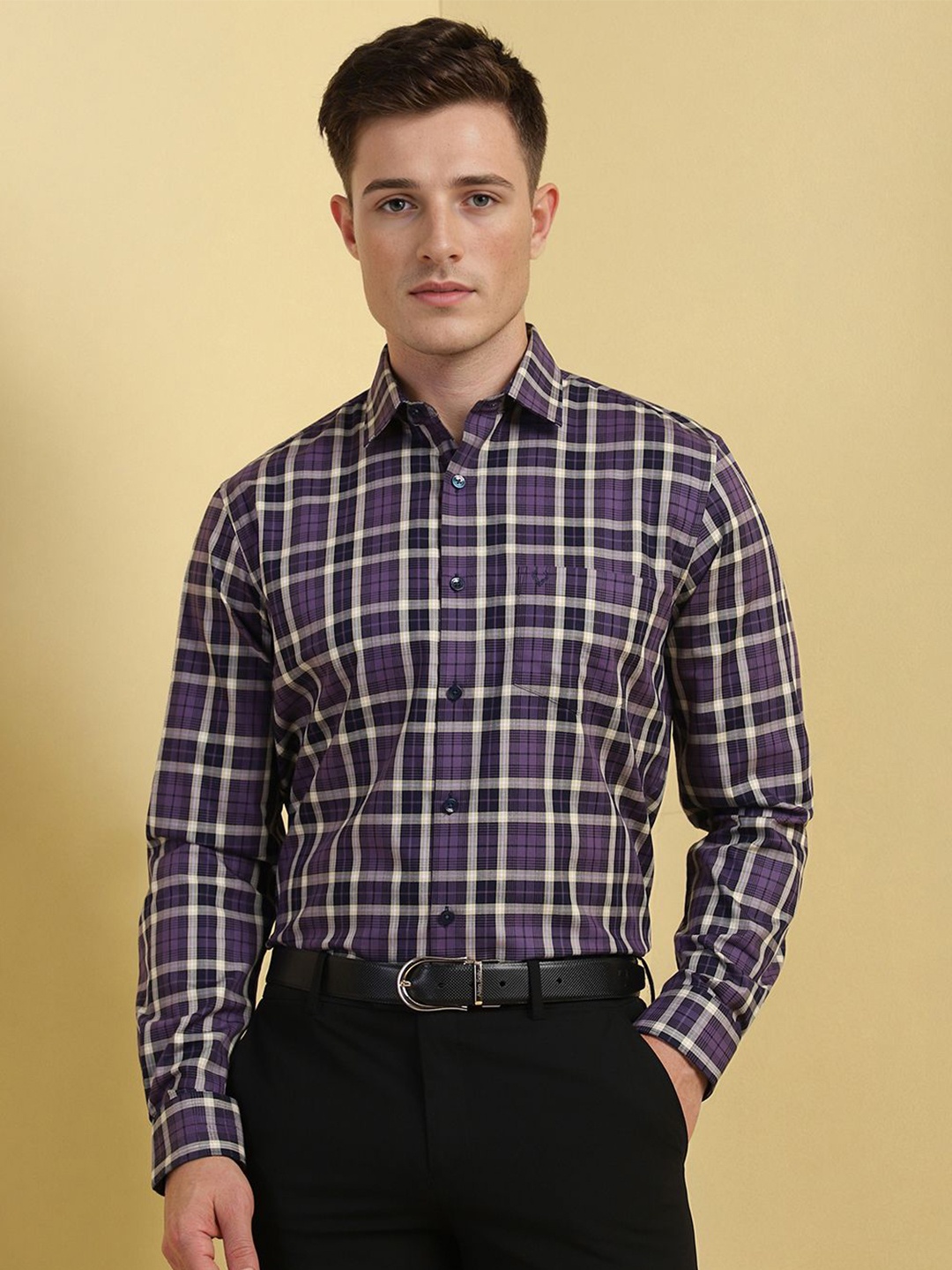 

Allen Solly Men Slim Fit Spread Collar Tartan Checked Cotton Formal Shirt, Purple