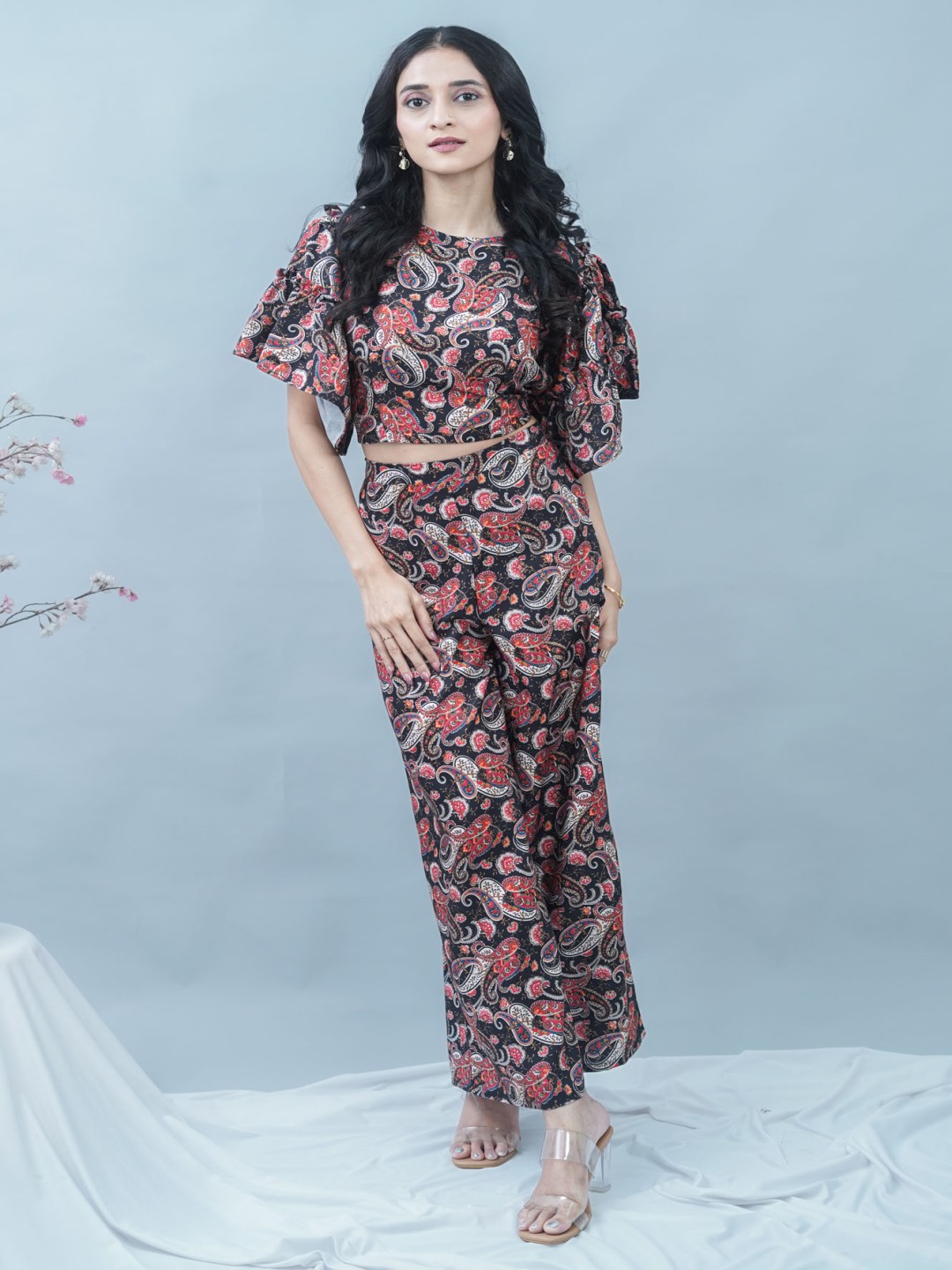 

GO BOUJEE Paisley Printed Crop Top & Palazzos Co-Ords, Black