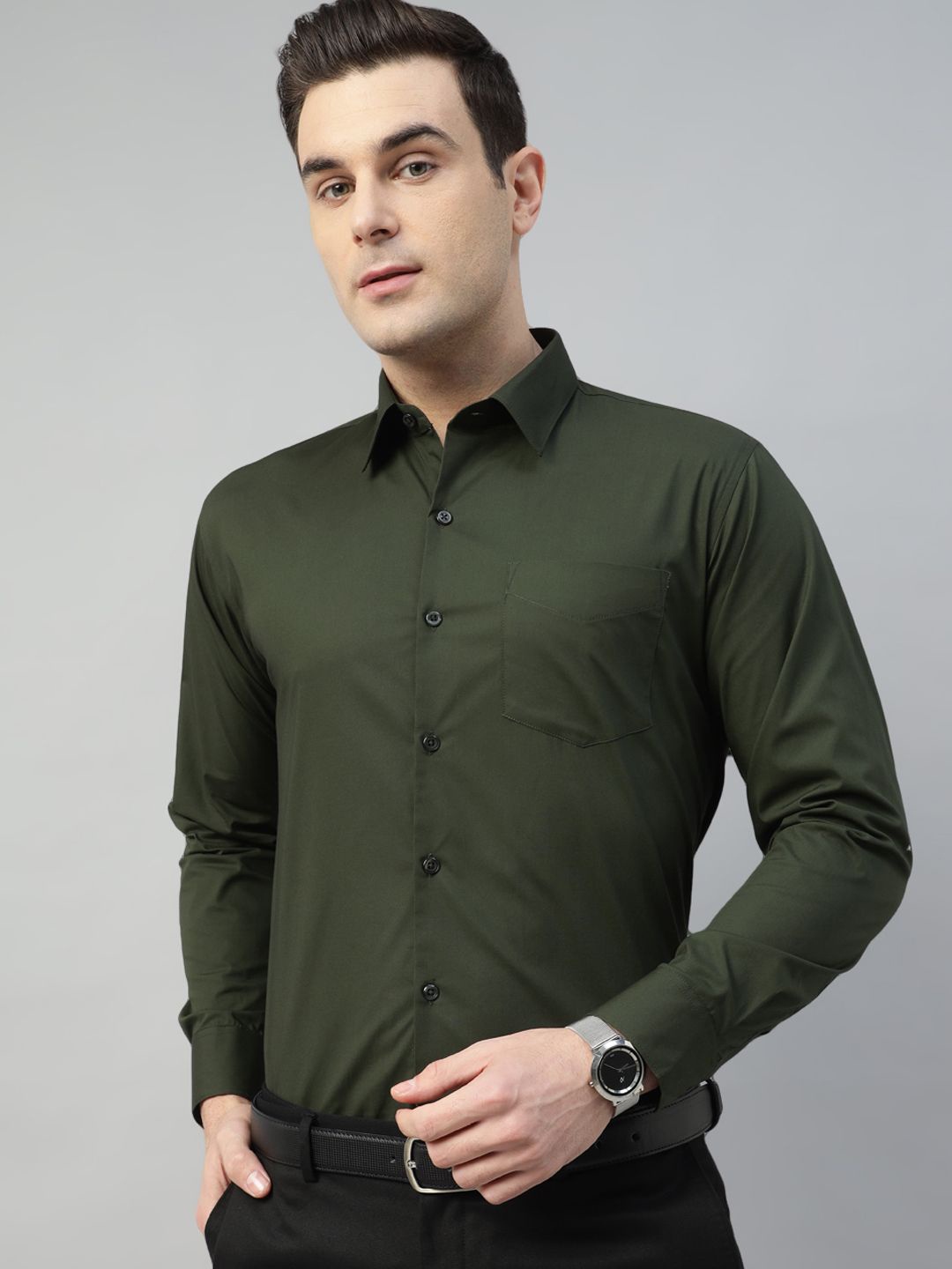 

Hancock New Slim Fit Solid Stretchable Formal Shirt, Olive