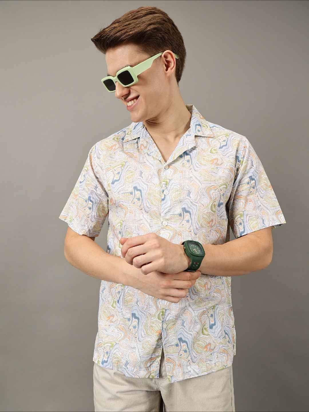 

Jilmil Men Classic Floral Opaque Printed Casual Shirt, Cream