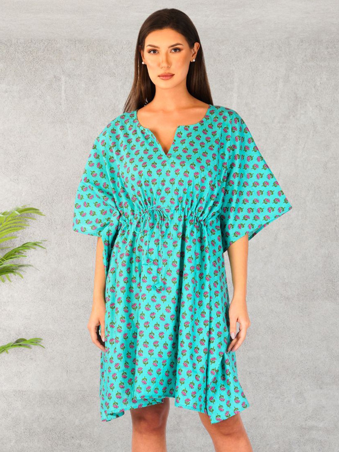 

Safeera Women Floral Printed Cotton Kaftan Knee Length Dress, Sea green