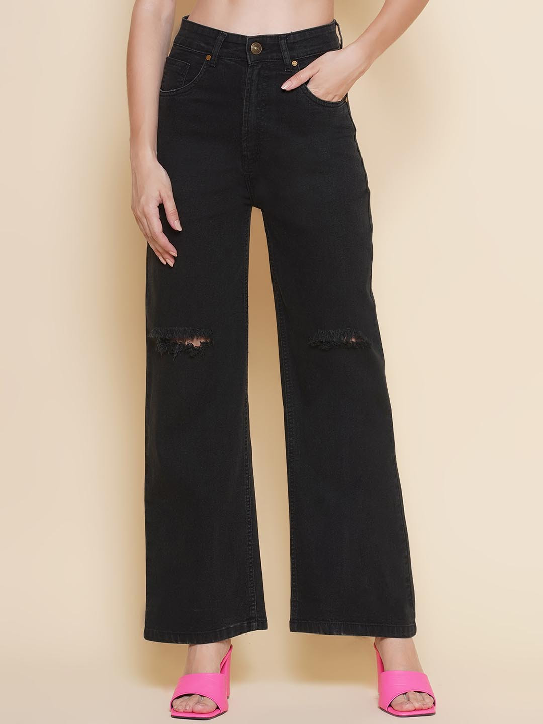 

PUELLA Women Flared High-Rise Mildly Distressed Jeans, Black