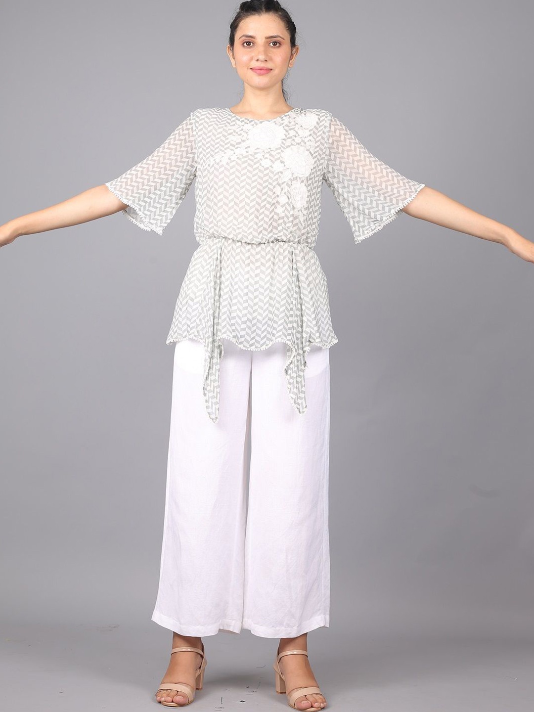 

STIL O STITCH Women Floral Embroidered Cotton Peplum Top, Grey