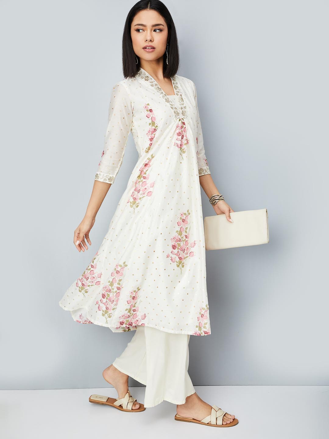 

max Floral Printed V-Neck Thread Work A-Line Kurta, Off white