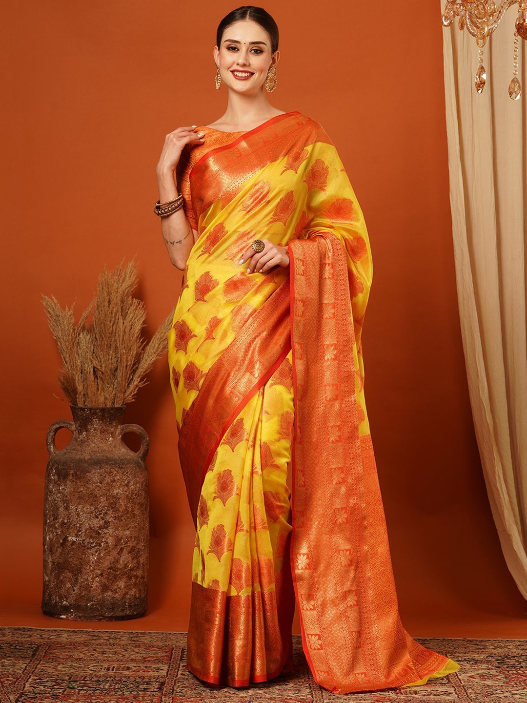 

VILLAGIUS Woven Design Zari Pure Silk Banarasi Saree, Yellow