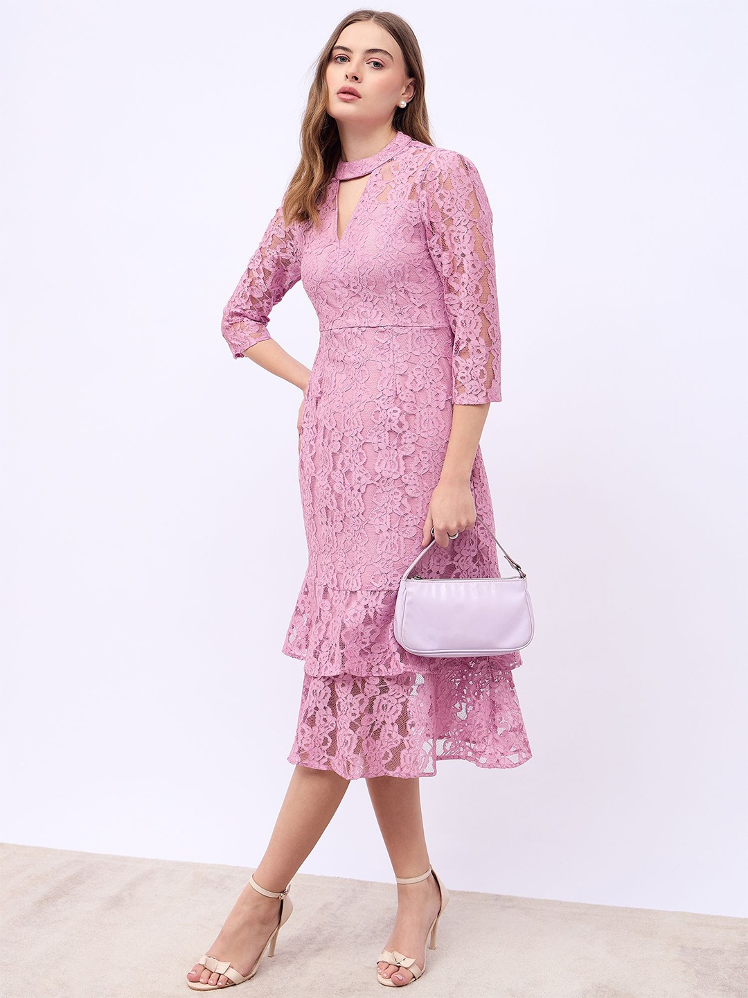 

Styli Women High Neck A-Line Midi Dress, Pink