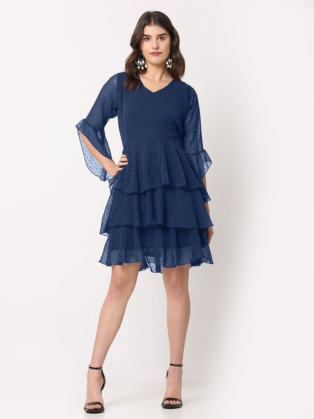 

FLOREOS Flared Sleeve Ruffled Georgette Fit & Flare Dress, Navy blue