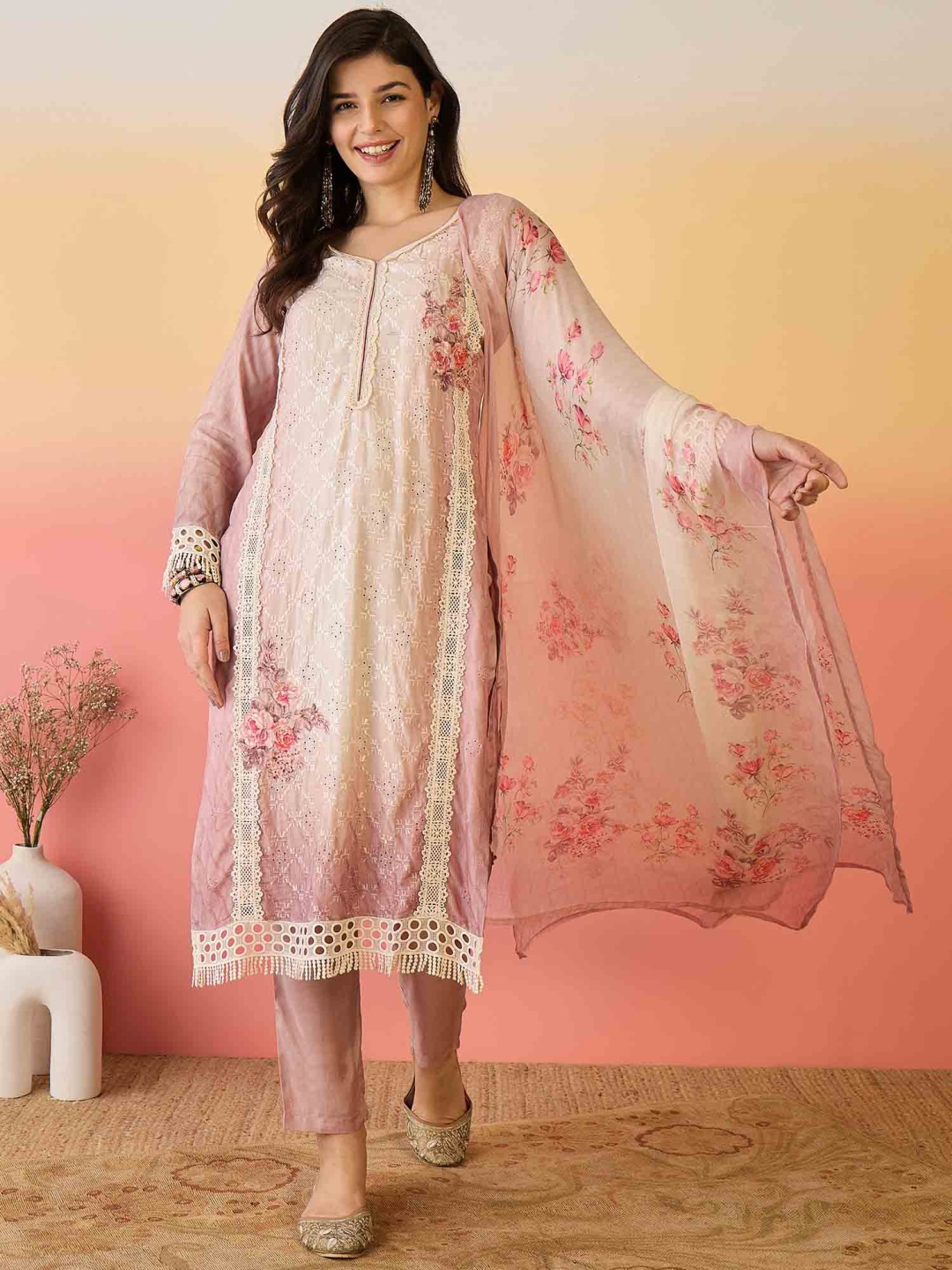 

Sangria Pink Floral Printed Embroidered V-Neck Straight Kurta With Trouser And Dupatta