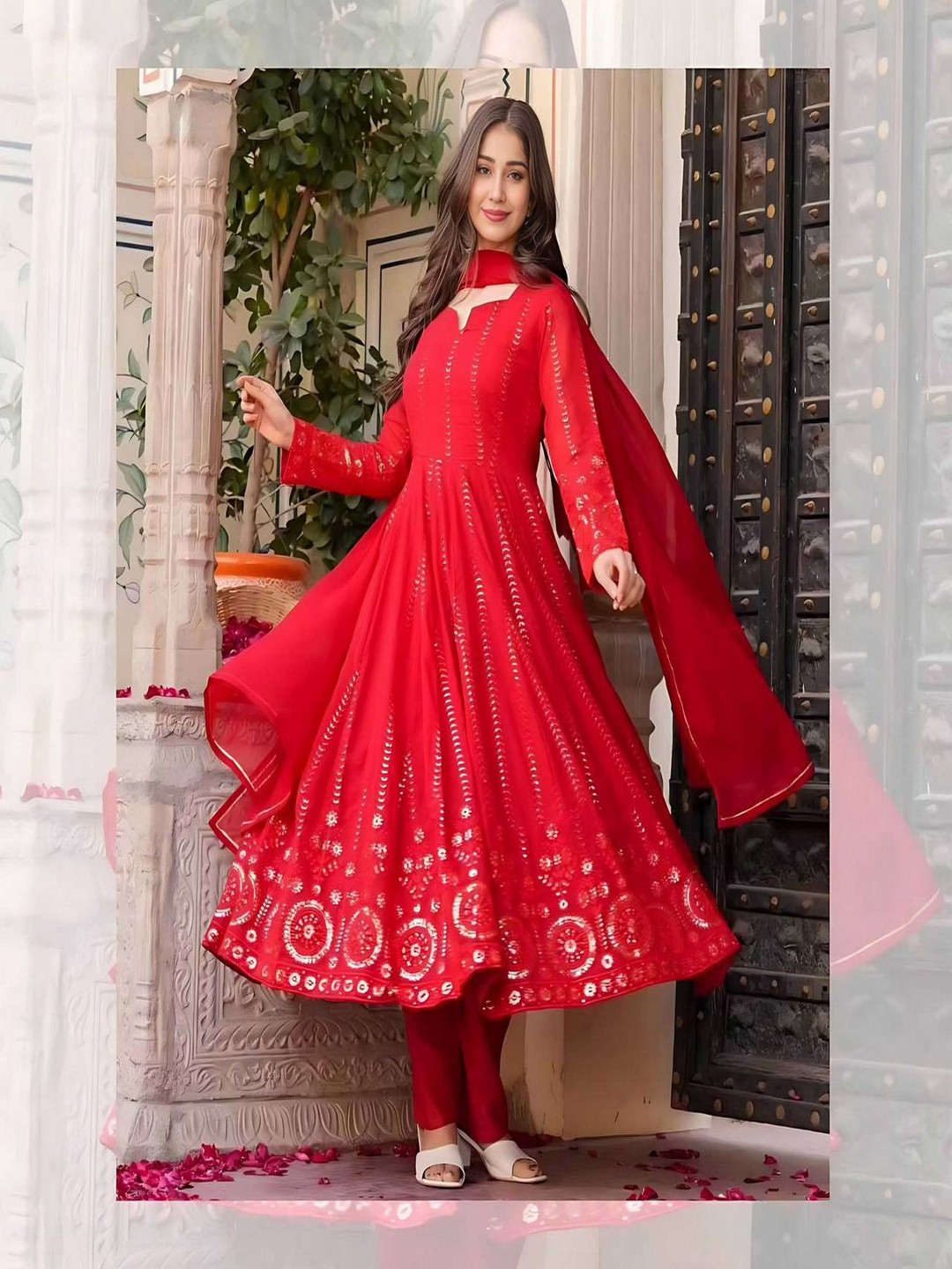 

ZEEPKART Women Embroidered Regular Silk Georgette Kurta with Trousers & With Dupatta, Red