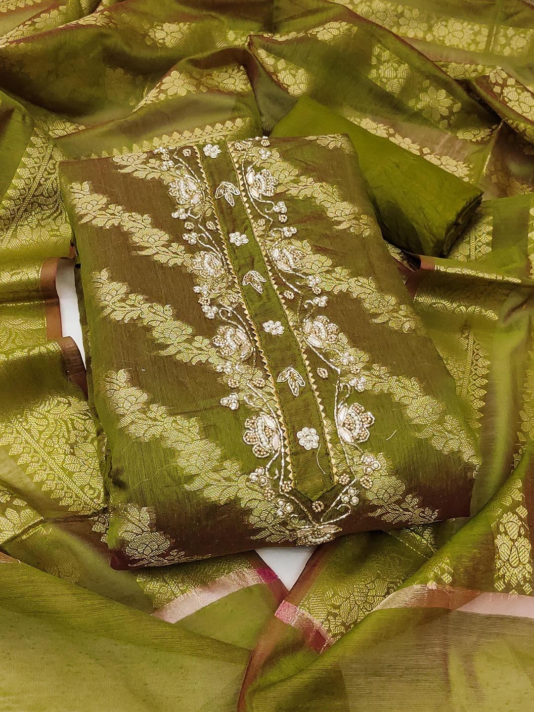 

HERE&NOW Embellished Unstitched Dress Material, Green