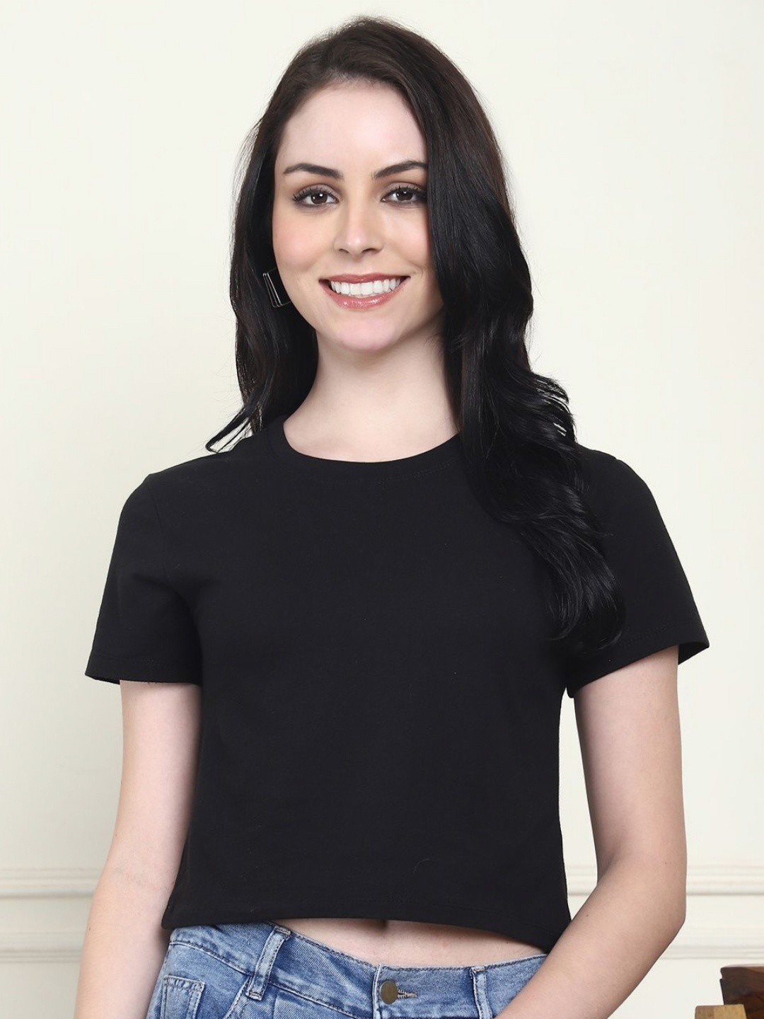 

WELL KEPT Women Solid Round Neck Cotton T-shirt, Black