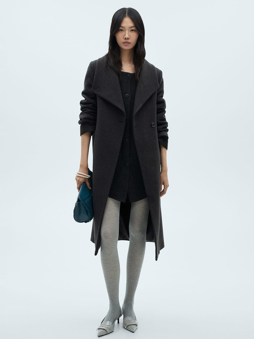 

MANGO Shawl Collar Longline Overcoat, Charcoal