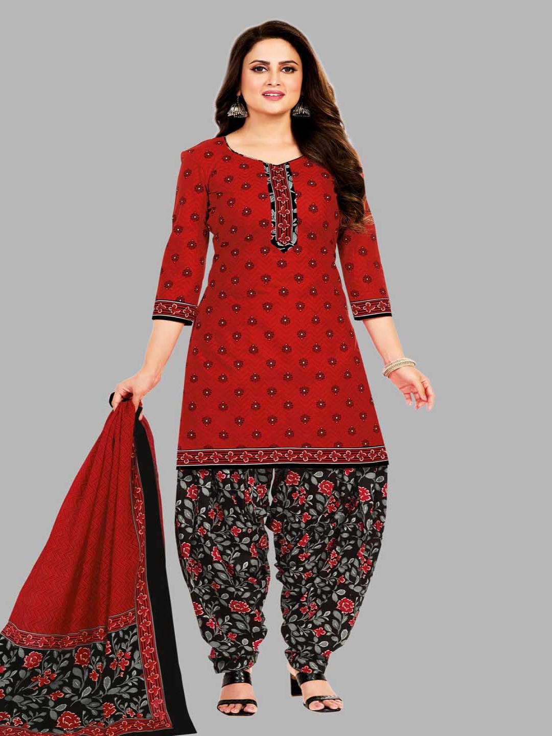 

Simmu Printed Pure Cotton Unstitched Dress Material, Red