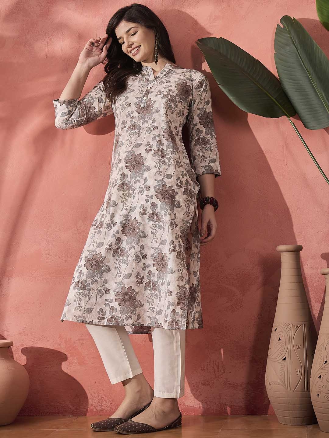 

Sangria Brown Floral Printed Mandarin Collar Pure Cotton Straight Kurta