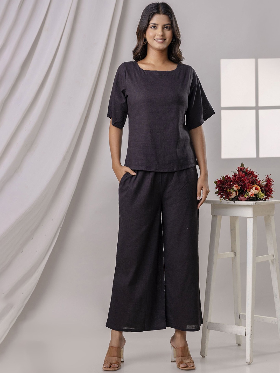 

POSHART FASHION AS UNIQUE AS YOU ARE Round Neck Top & Trousers Co-Ords Set, Black