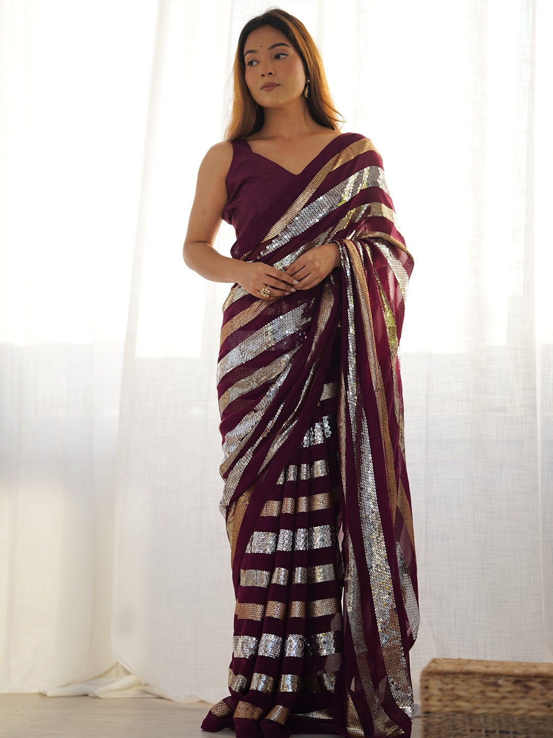 

KSM PRINTS Embellished Sequinned Saree, Maroon