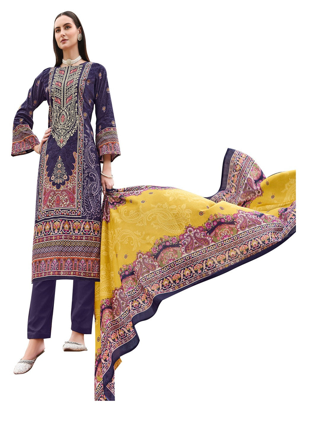 

DRAVINAM Floral Embroidered Zari Work Pure Cotton Unstitched Dress Material, Purple