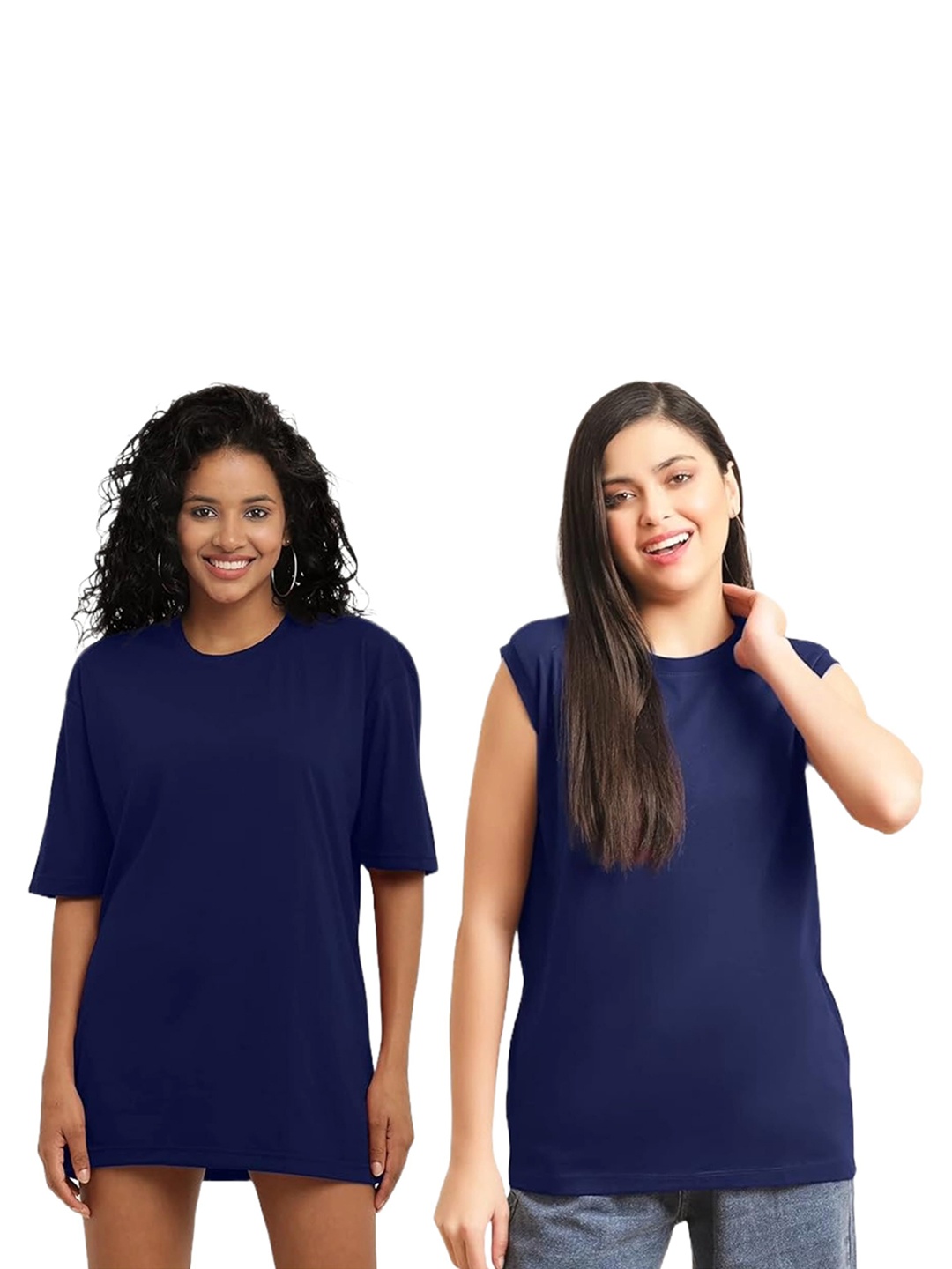 

NOTWILD Women Pack Of 2 Solid Round Neck Cotton Oversized T-shirts, Navy blue