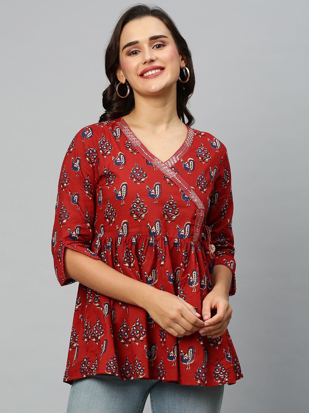 

INDYES Women Floral Printed Pure Cotton Tunic, Red