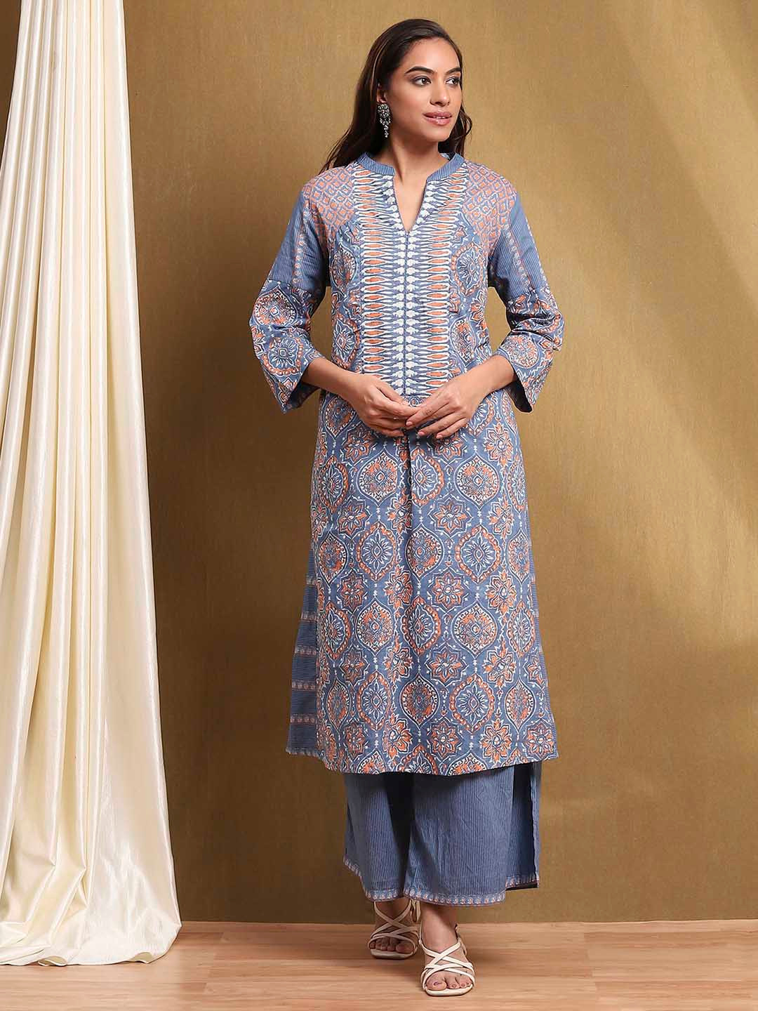 

Biba Women Floral Printed Regular Pure Cotton Kurta with Palazzos & With Dupatta, Blue
