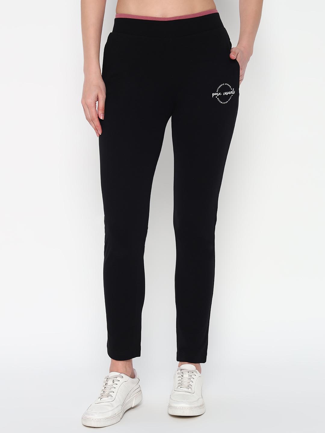 

POSE CASUALS Women Cotton Slim Fit Mid Rise Track Pant, Black