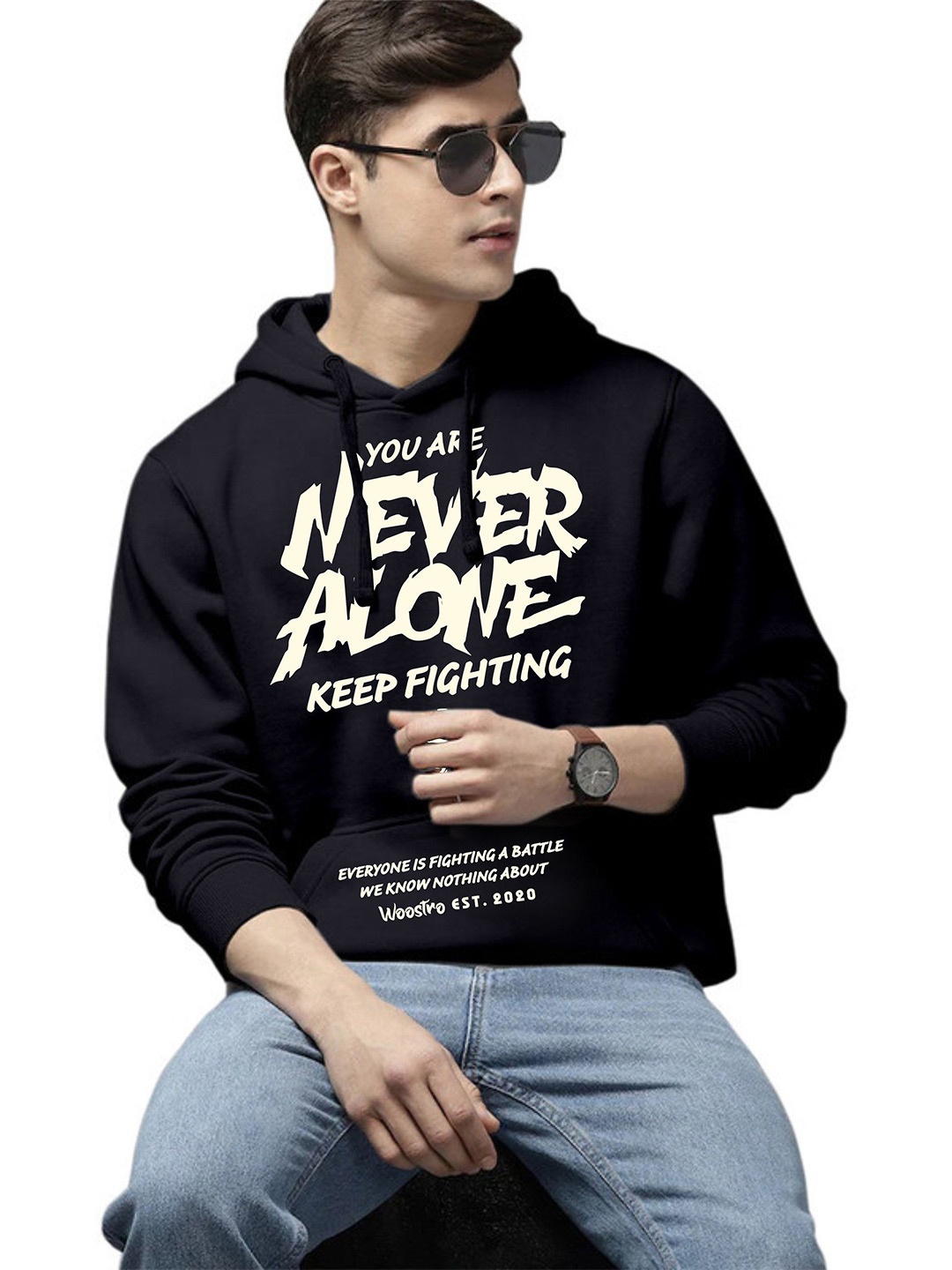 

WOOSTRO Men Cotton Typography Printed Hooded Sweatshirt, Black
