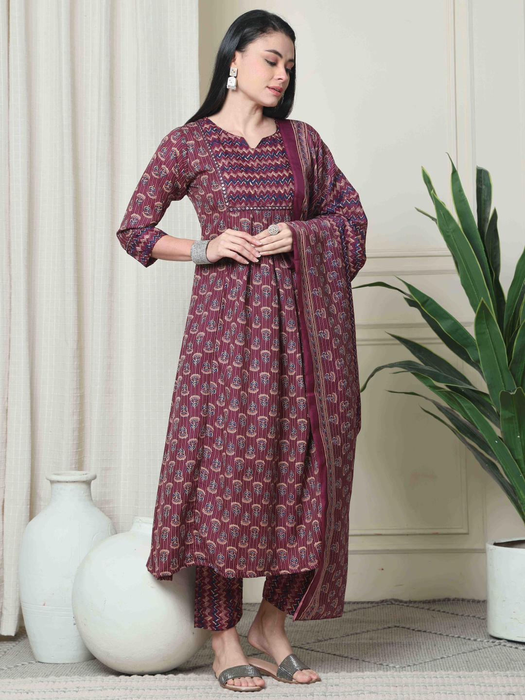 

Rajnandini Floral Printed A-Line Kurta With Trousers & Dupatta, Maroon