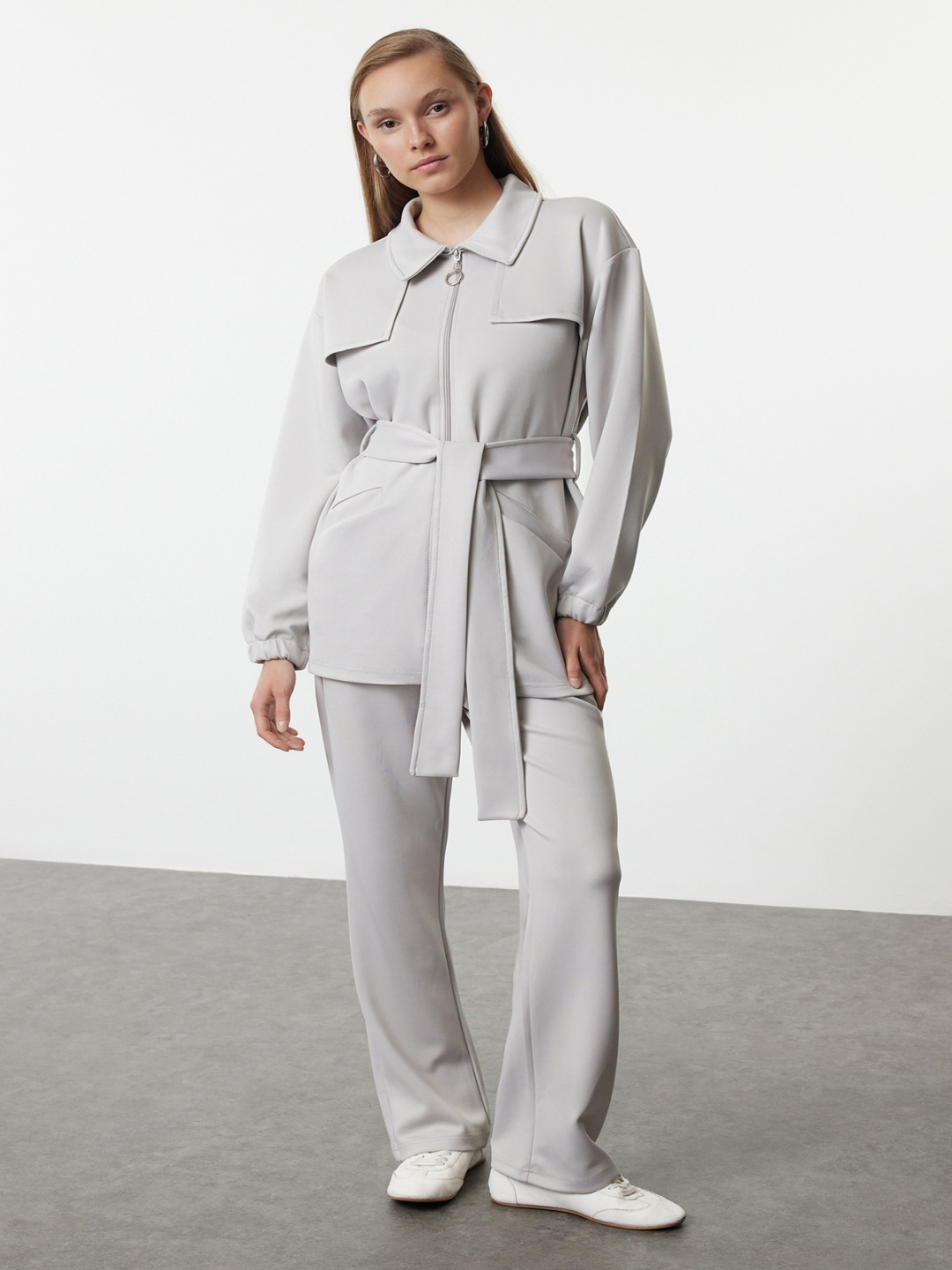 

Trendyol Shirt Collar Jacket With Trouser And Belt, Grey