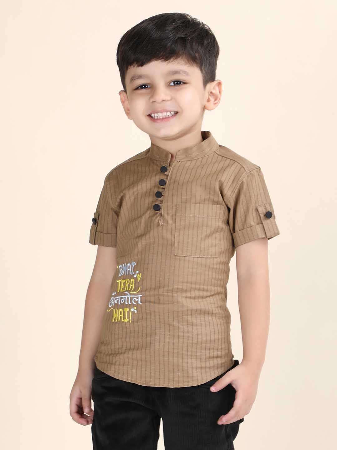 

Polka Tots Boys Striped Embroidered Thread Work Band Collar Straight Kurta, Brown