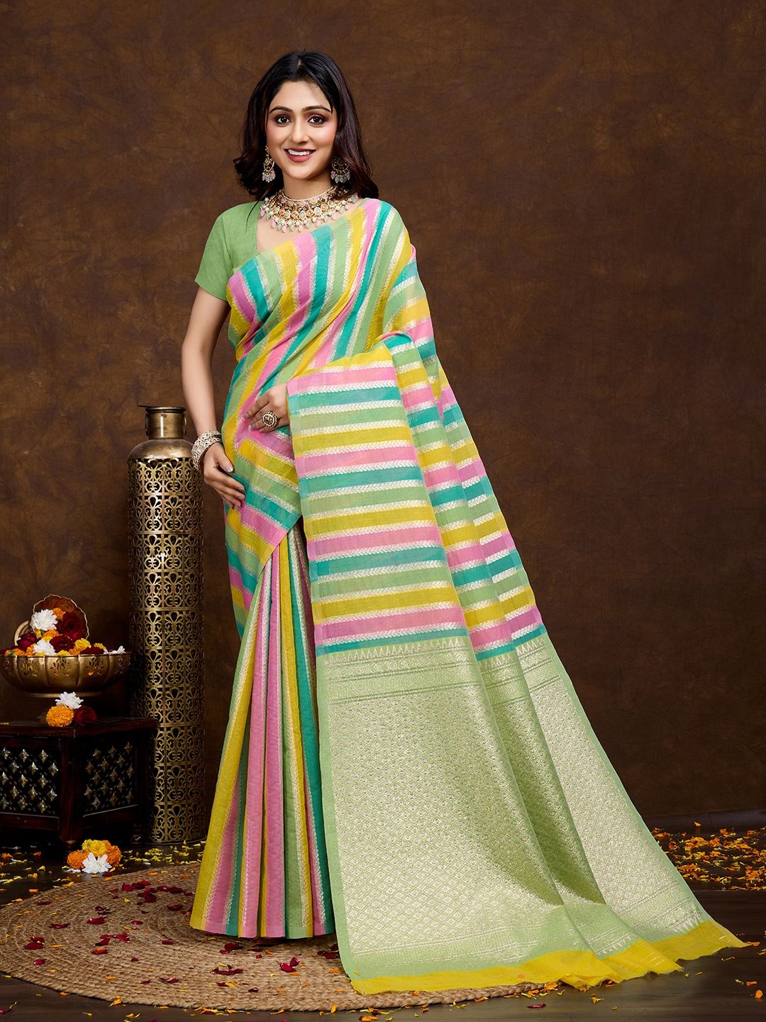

NIWAA Woven Design Zari Striped Chanderi Saree, Sea green
