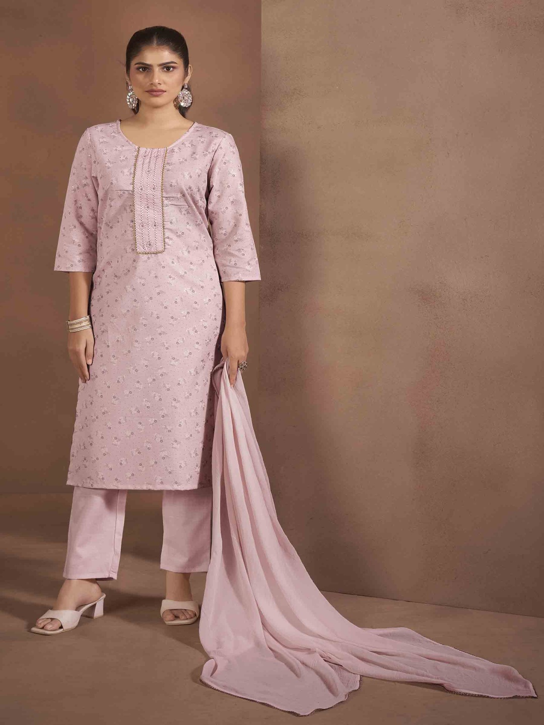 

Anouk Floral Printed Thread Work Round Neck Straight Kurta With Trousers And Dupatta, Peach