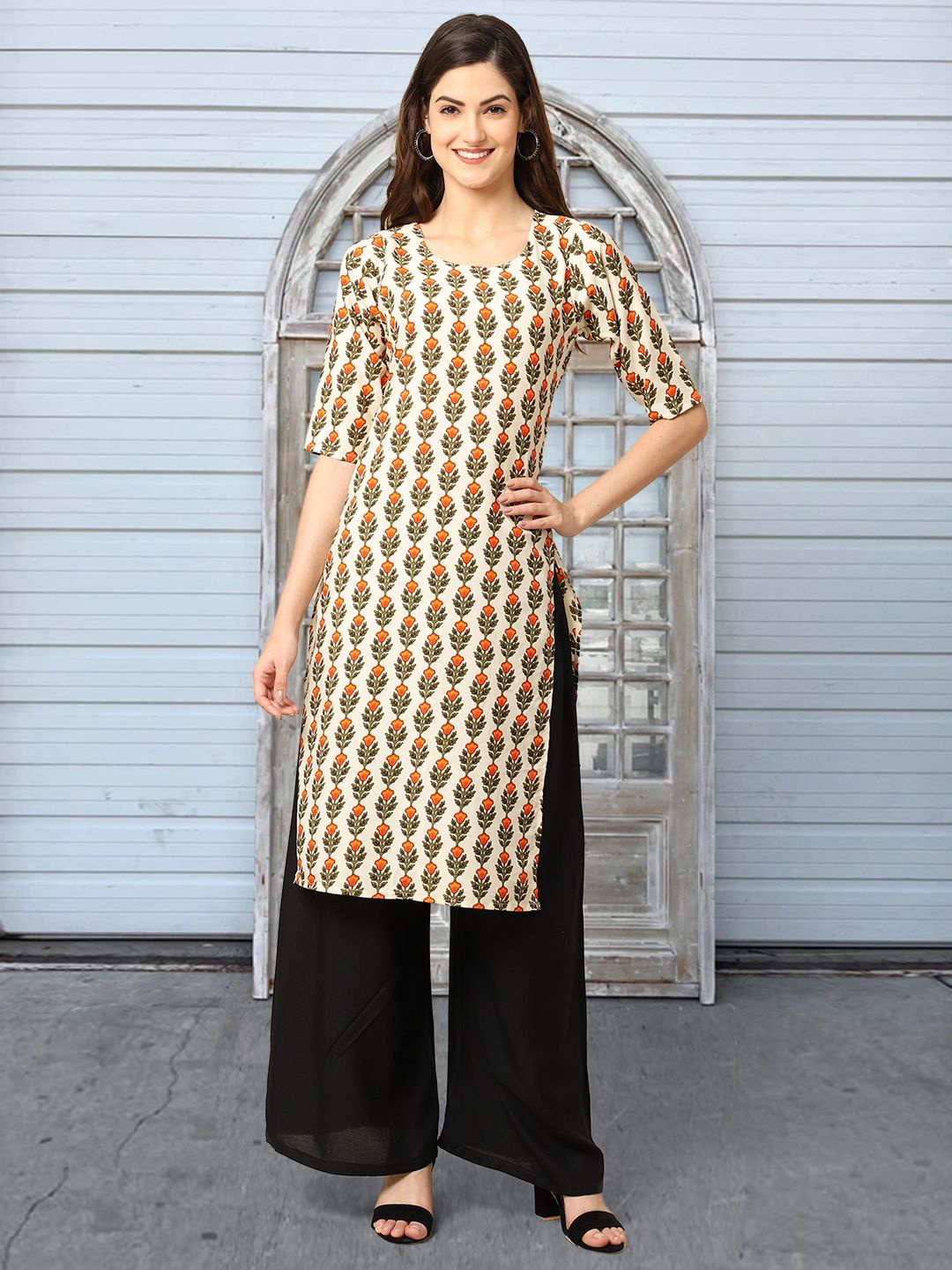 

Moda Rapido Floral Printed Round Neck Straight Kurtas, Off white