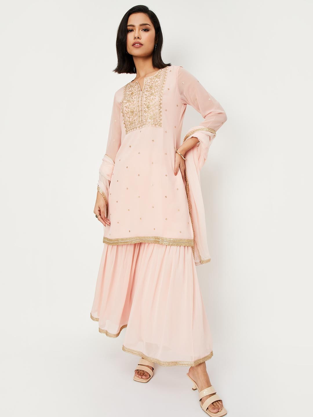 

max Floral Embroidered Sequinned Straight Kurta With Sharara And Dupatta, Pink