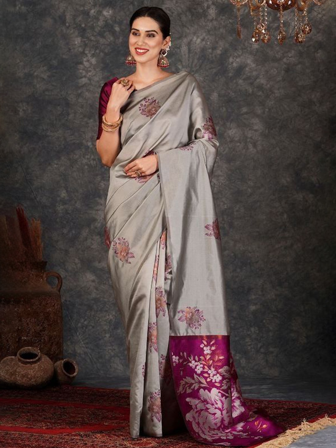 

saretramall Floral Printed Woven Design Zari Banarasi Saree, Grey