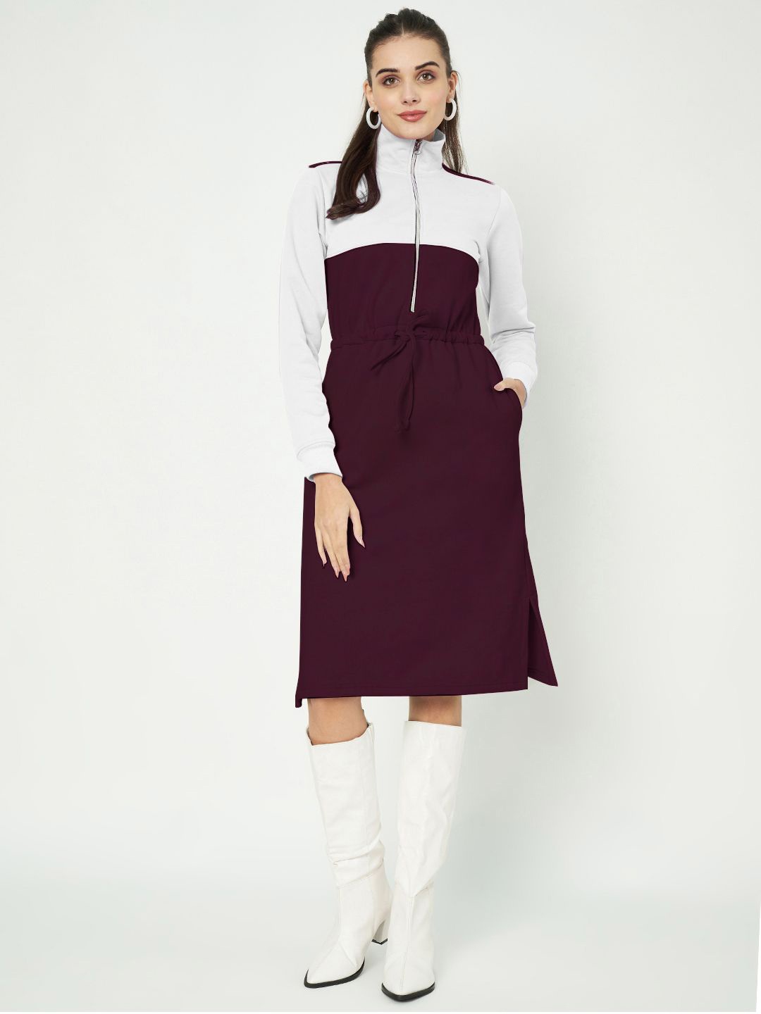 

BRINNS Women Colourblocked Fit and Flare Midi Dress, Burgundy