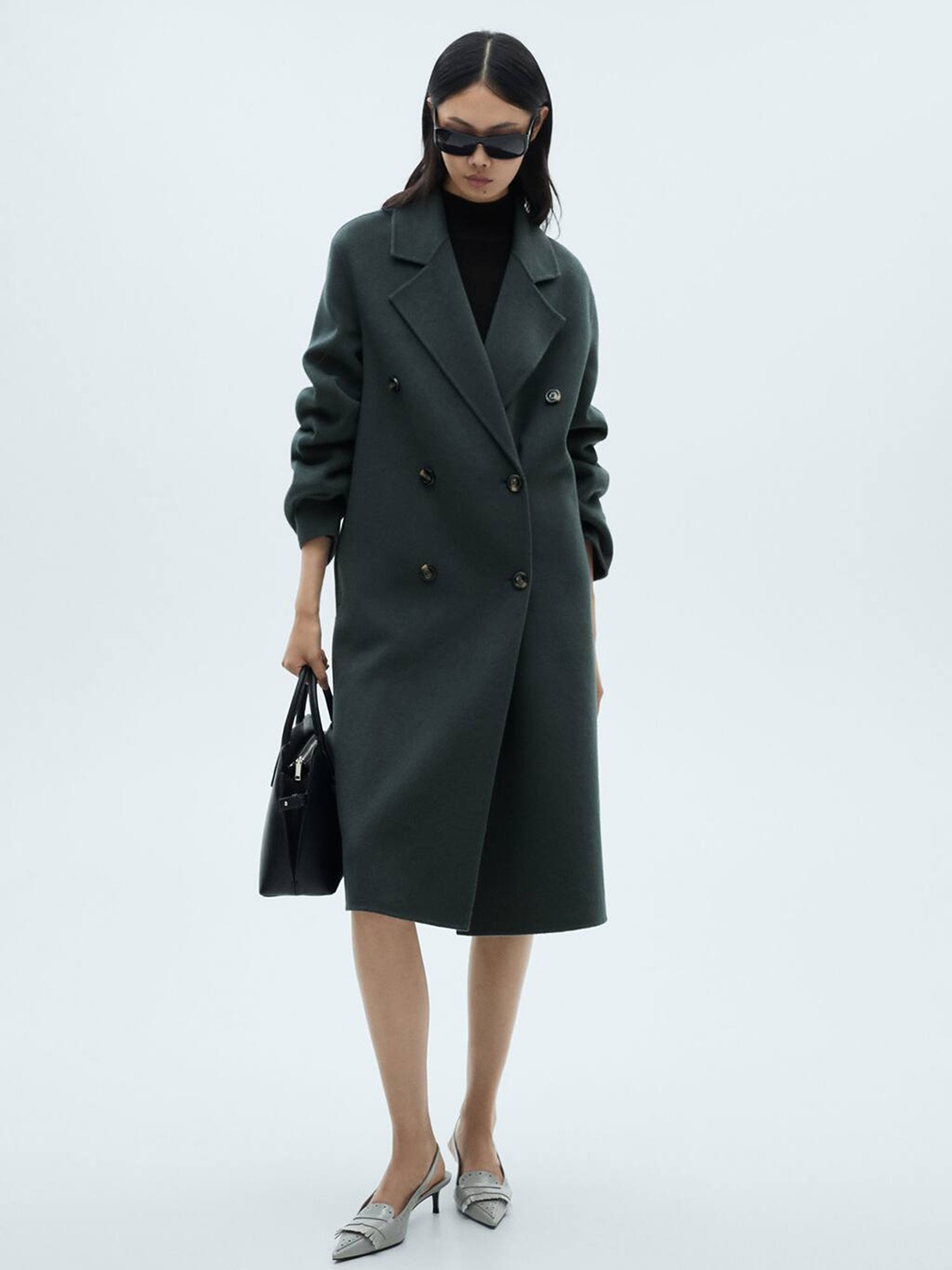 

MANGO Oversized Double-Breasted Longline Overcoat, Charcoal