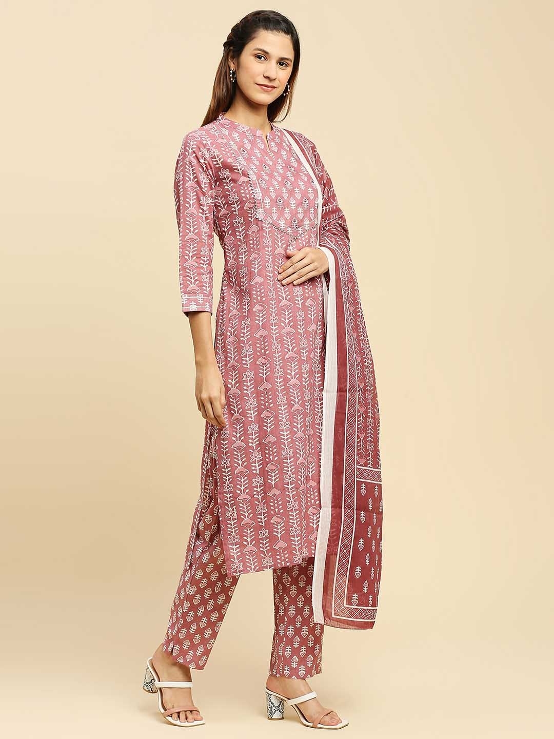 

INDYES Floral Printed Mandarin Collar Mirror Work Pure Cotton Kurta & Trousers & Dupatta, Rust