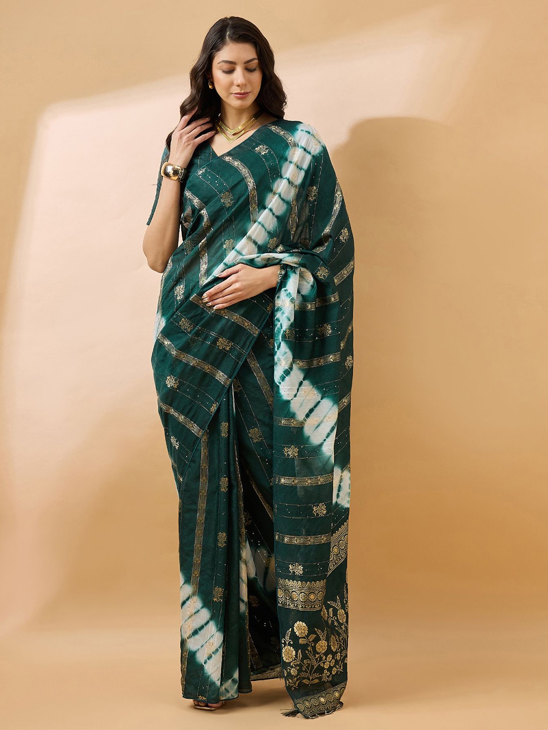 

Mitera Tie and Dye Zari Bandhani Saree, Green