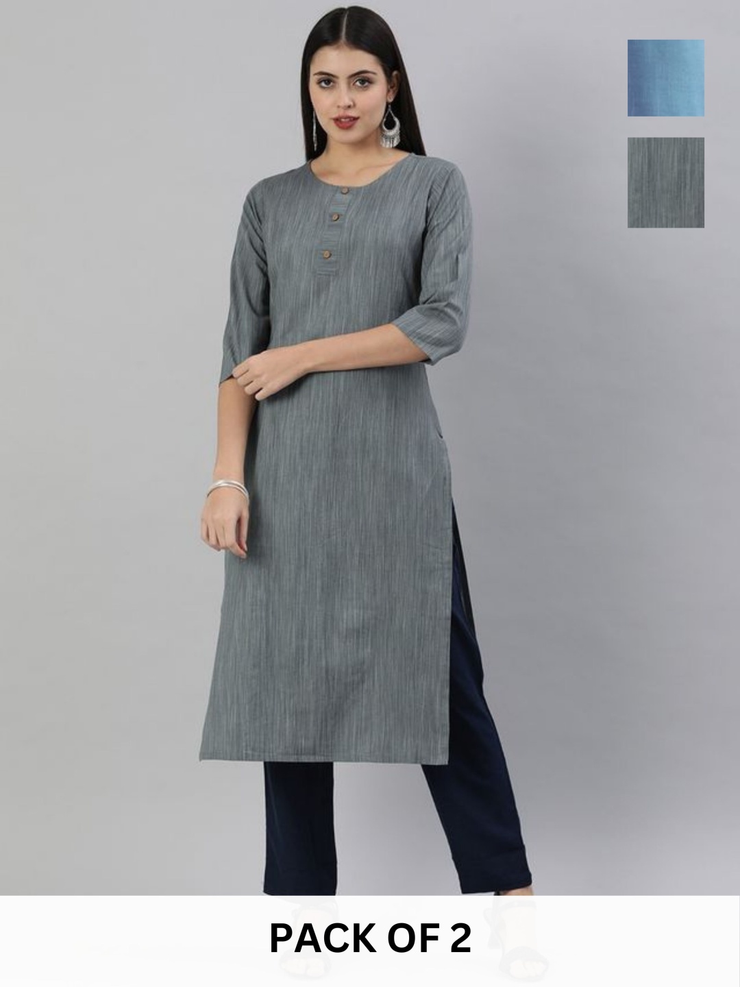 

KALINI Selection Of 2 Round Neck Straight Kurtas, Charcoal
