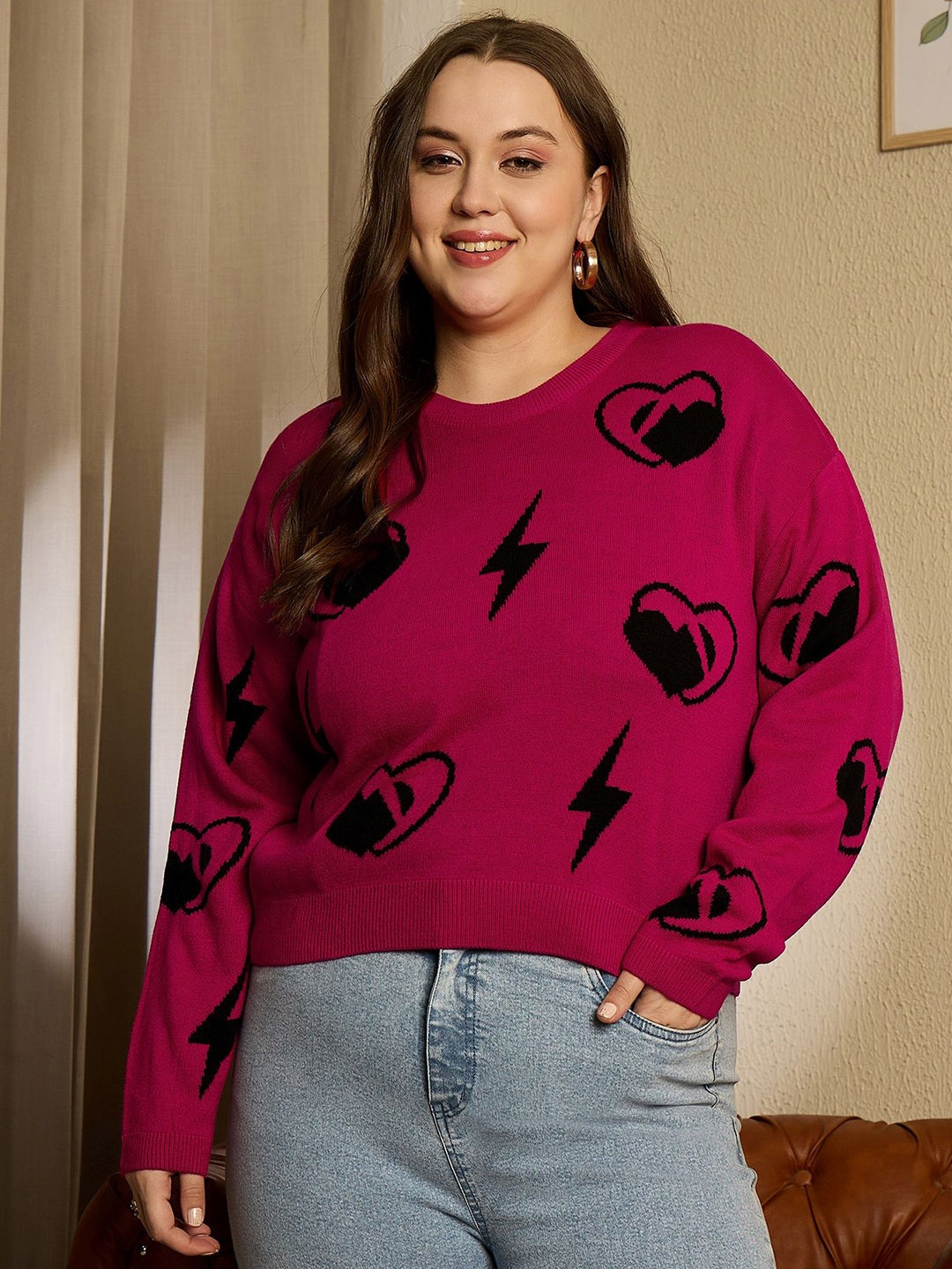 

Berrylush Curve Women Printed Round Neck Long Sleeves Pullover, Pink