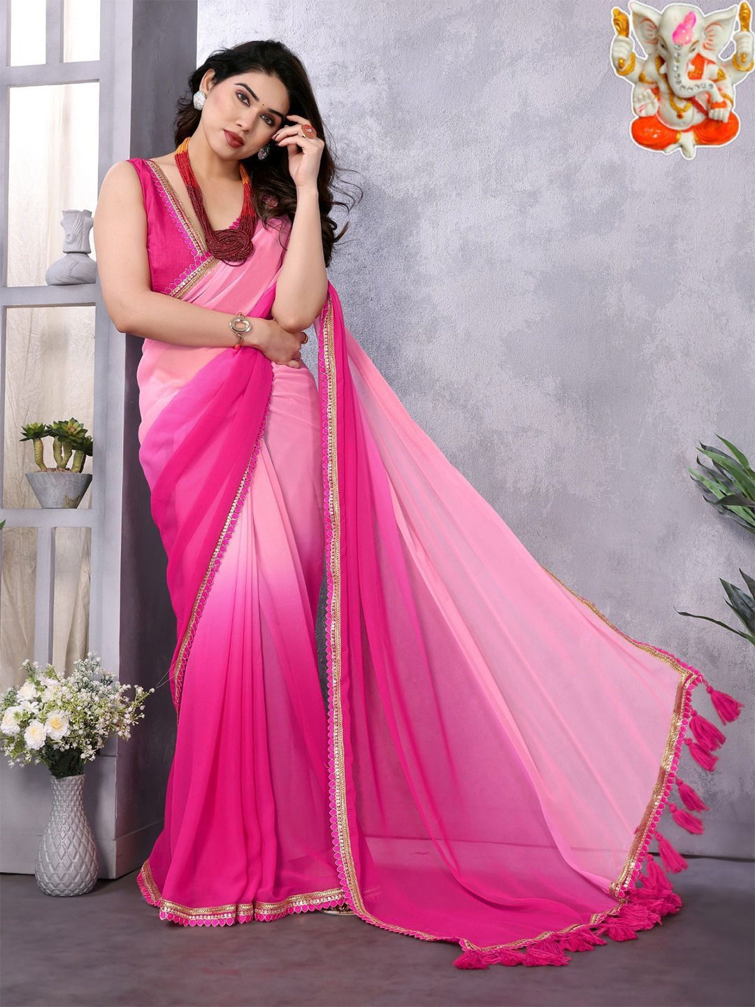 

PAYAL CREATION Colourblocked Sequinned Pure Georgette Saree, Pink