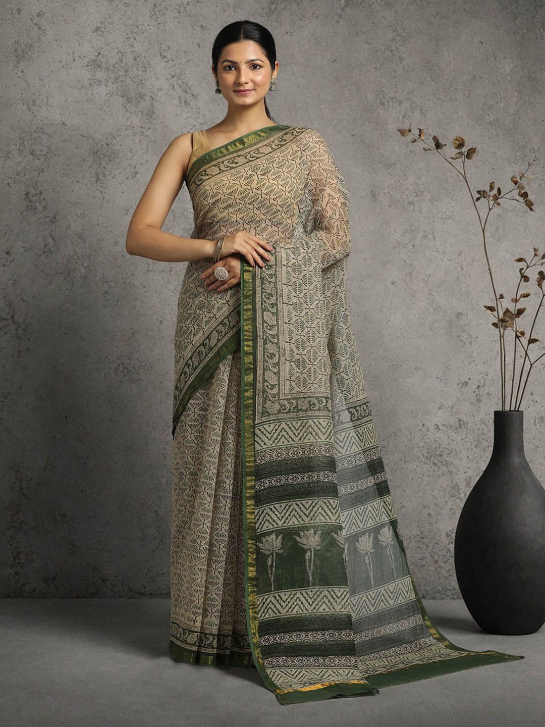 

Suha Bagh Printed Zari Pure Cotton Kota Saree, Green