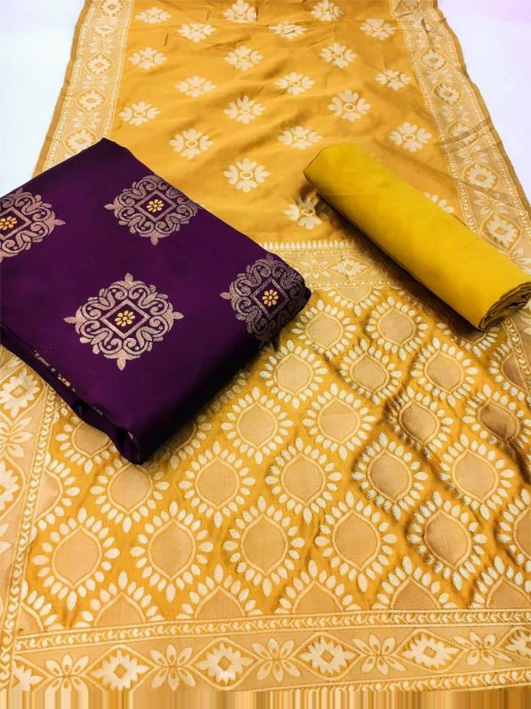 

KALINI Ethnic Motifs Woven Design Banarasi Silk Unstitched Dress Material, Purple