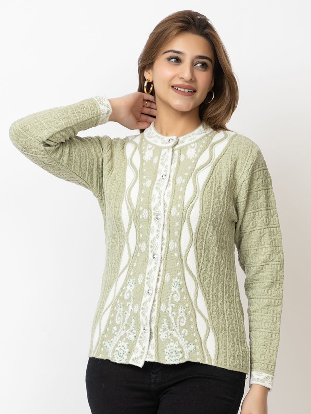 

Lady Leaf Women Floral Self Design Cardigan Sweater, Lime green