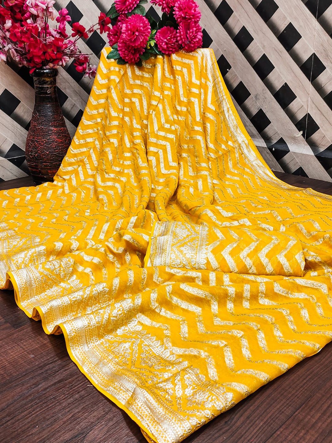 

PAYAL CREATION Striped Zari Pure Georgette Saree, Yellow