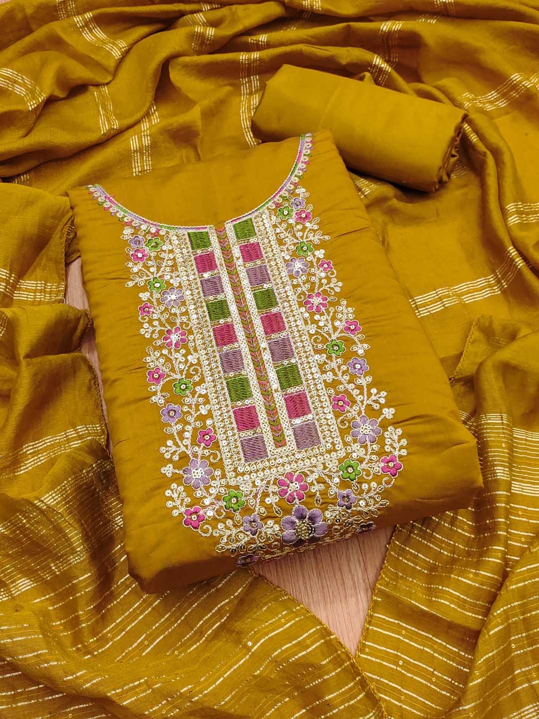 

Panzora Floral Embroidery Cotton Blend Unstitched Dress Material, Yellow