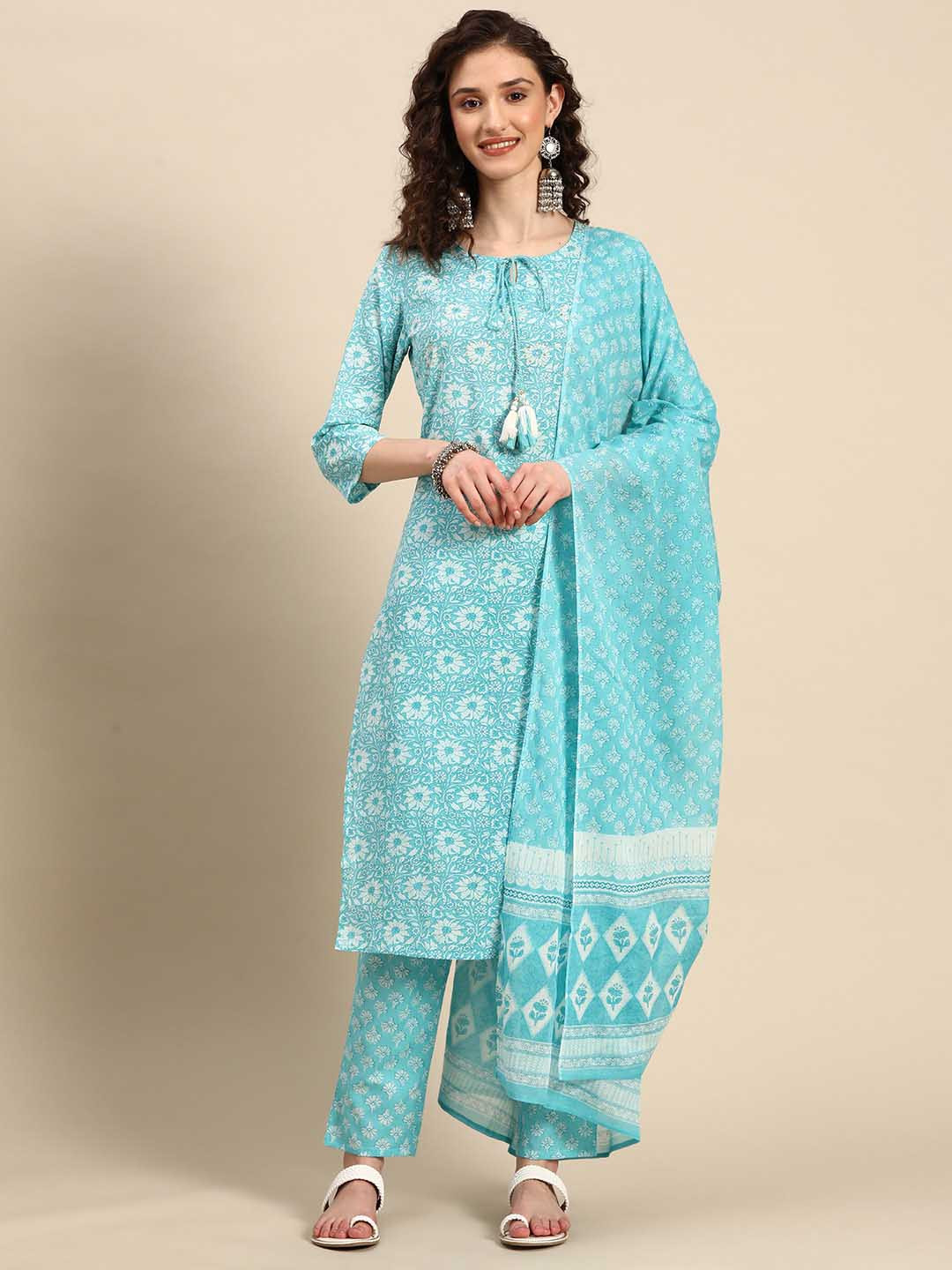 

INDYES Floral Printed Sequinned Tie-Up Neck Pure Cotton Kurta With Pyjama And Dupatta, Blue