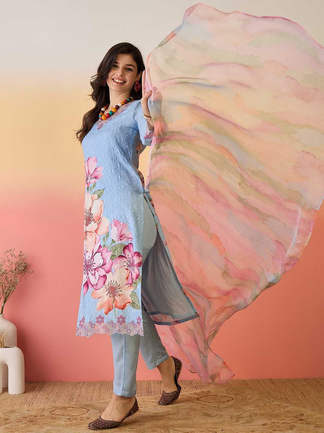 

Sangria Blue Floral Printed Yoke Design V-Neck Kurta With Trouser And Dupatta