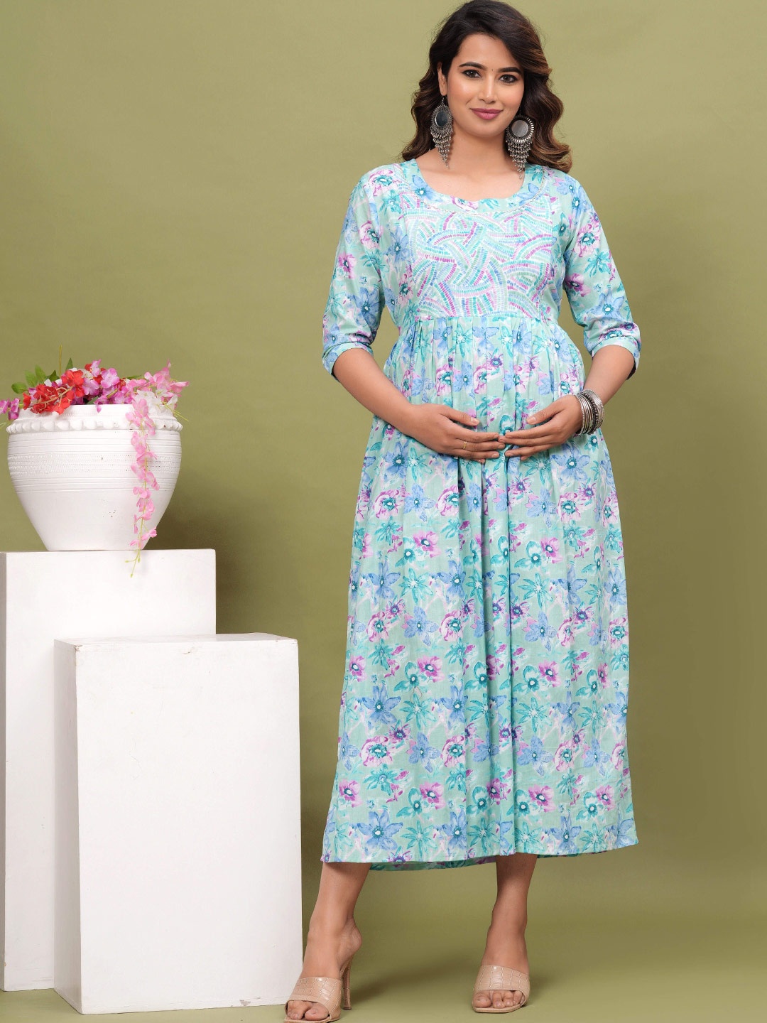 

FEMARY Floral Print Maternity Cotton Fit & Flare Midi Dress, Turquoise blue