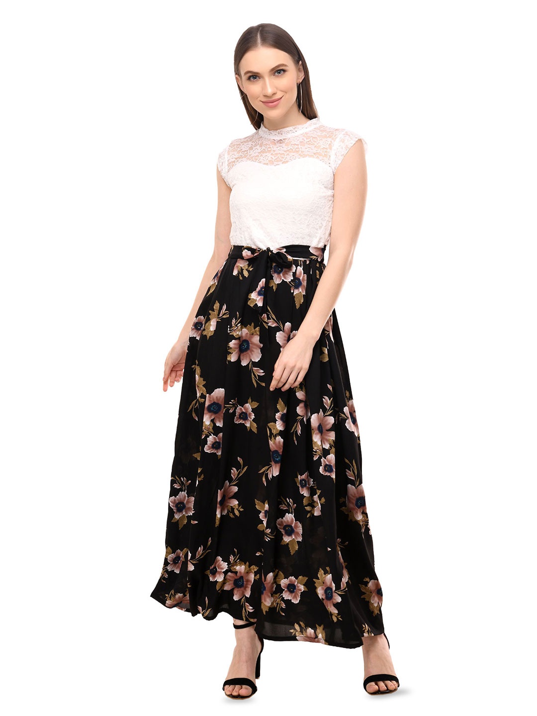 

Bright Nex Women Floral Crepe Fit & Flare Maxi Dress, Black